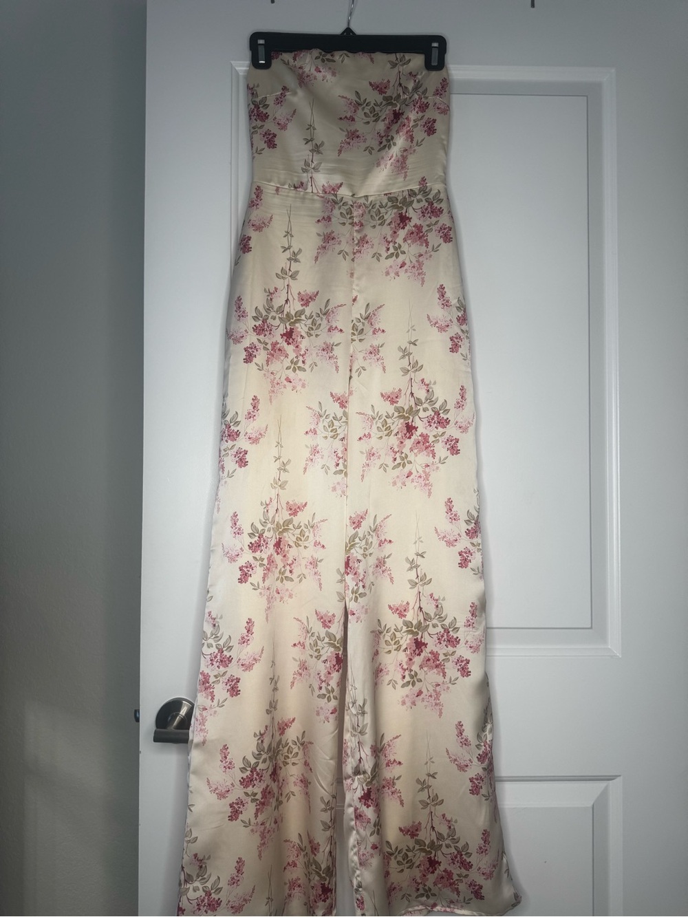 Lulu's Strapless Cream Jumpsuit with Pink Floral Print